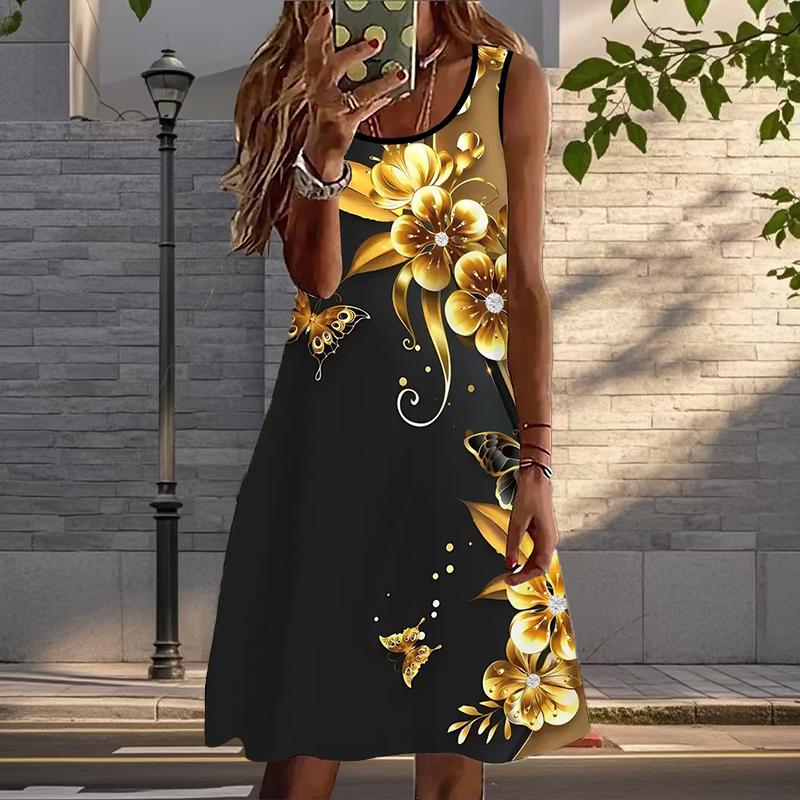 Damen Leopardenmuster Bedrucktes Ärmelloses Rundhalskleid Locker Weich und Bequem Übergröße Kleid