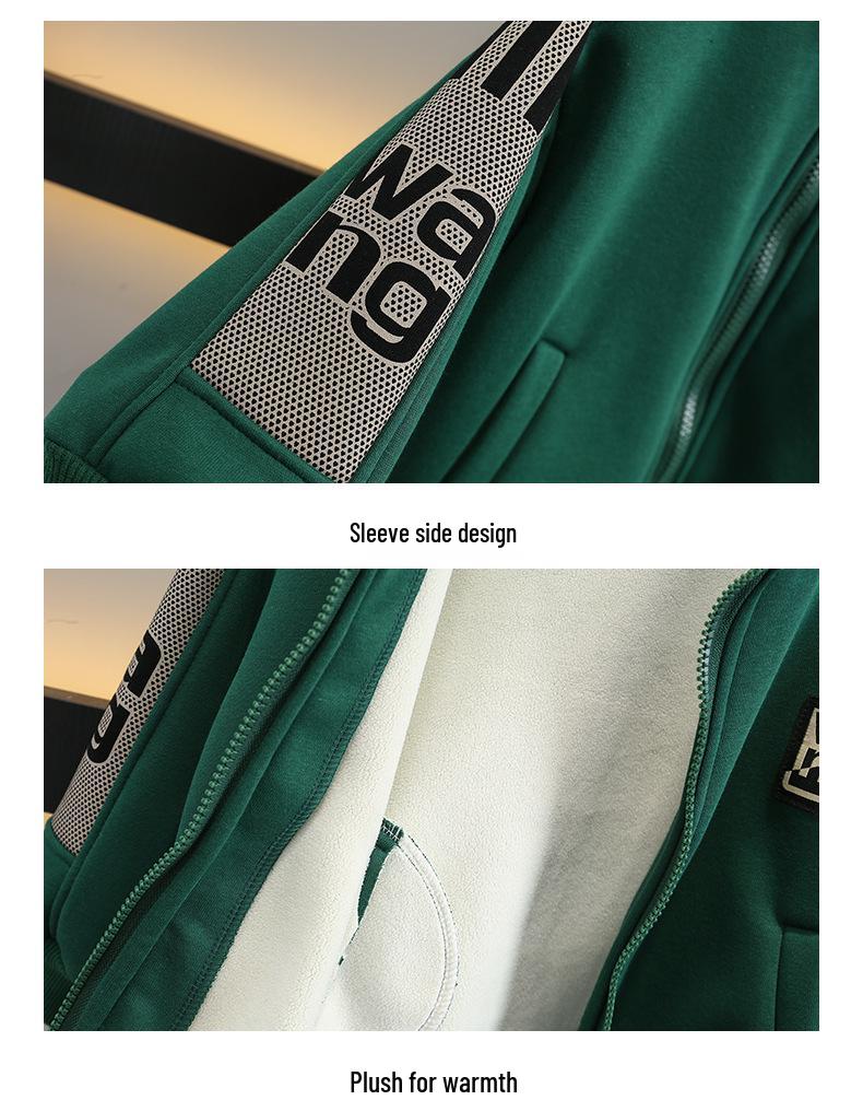 Boys' Trendy Fleece-Lined Zip-Up Cardigan & Pants Set for Autumn and Winter