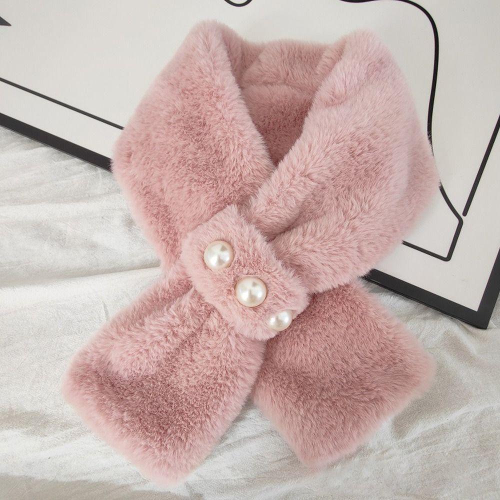 Imitation Pearl Faux Rabbit Fur Scarf Solid Color Neck Warmer Cute Plush Collar For Women Girls