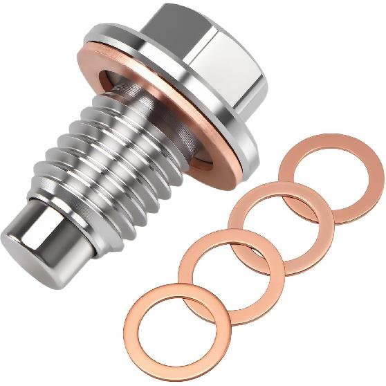 M12*1.25 Stainless Steel Magnetic Oil Drain Plug (with Extra 4 Copper Gaskets), Oil Pan Drain Nut Bolt, Anti Leakage Seal Compatible with Most Cars,