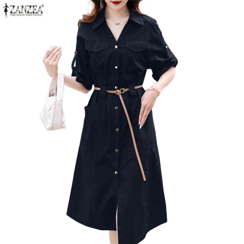 ZANZEA Damen Freizeit Umlegekragen Locker Halbarm Hemdkleid