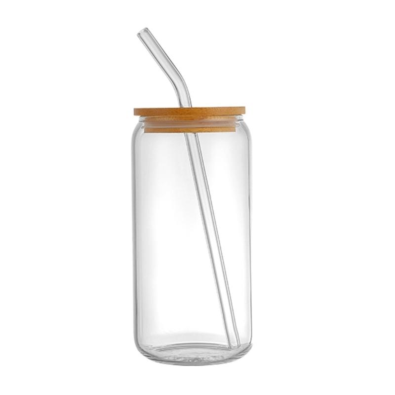 Set of 4 18oz Glass Cups with Bamboo Lids and Straws for Coffee Bar Milktea Shop Household Entertaining Guests