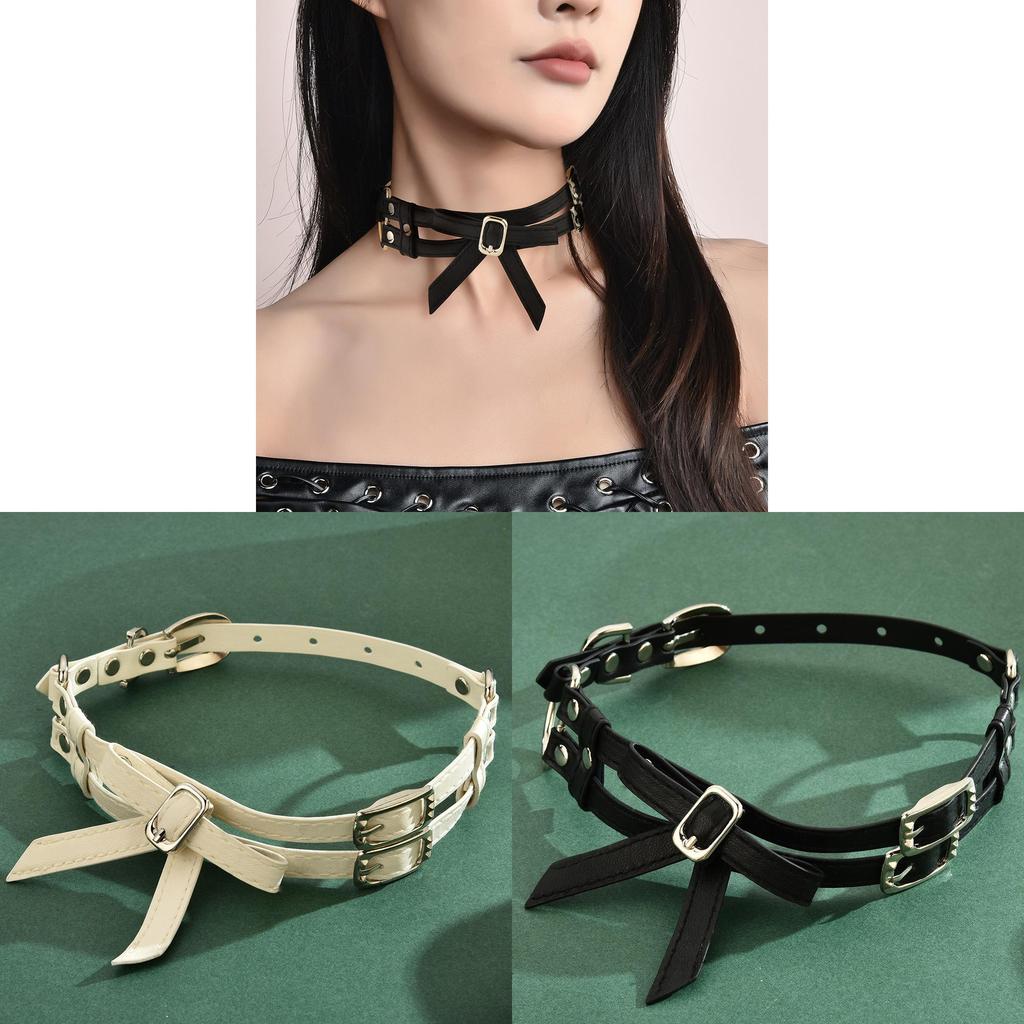 Modisches Choker-Halsband mit doppellagiger Schmetterlingsschleife aus Leder, verstellbar für Damen