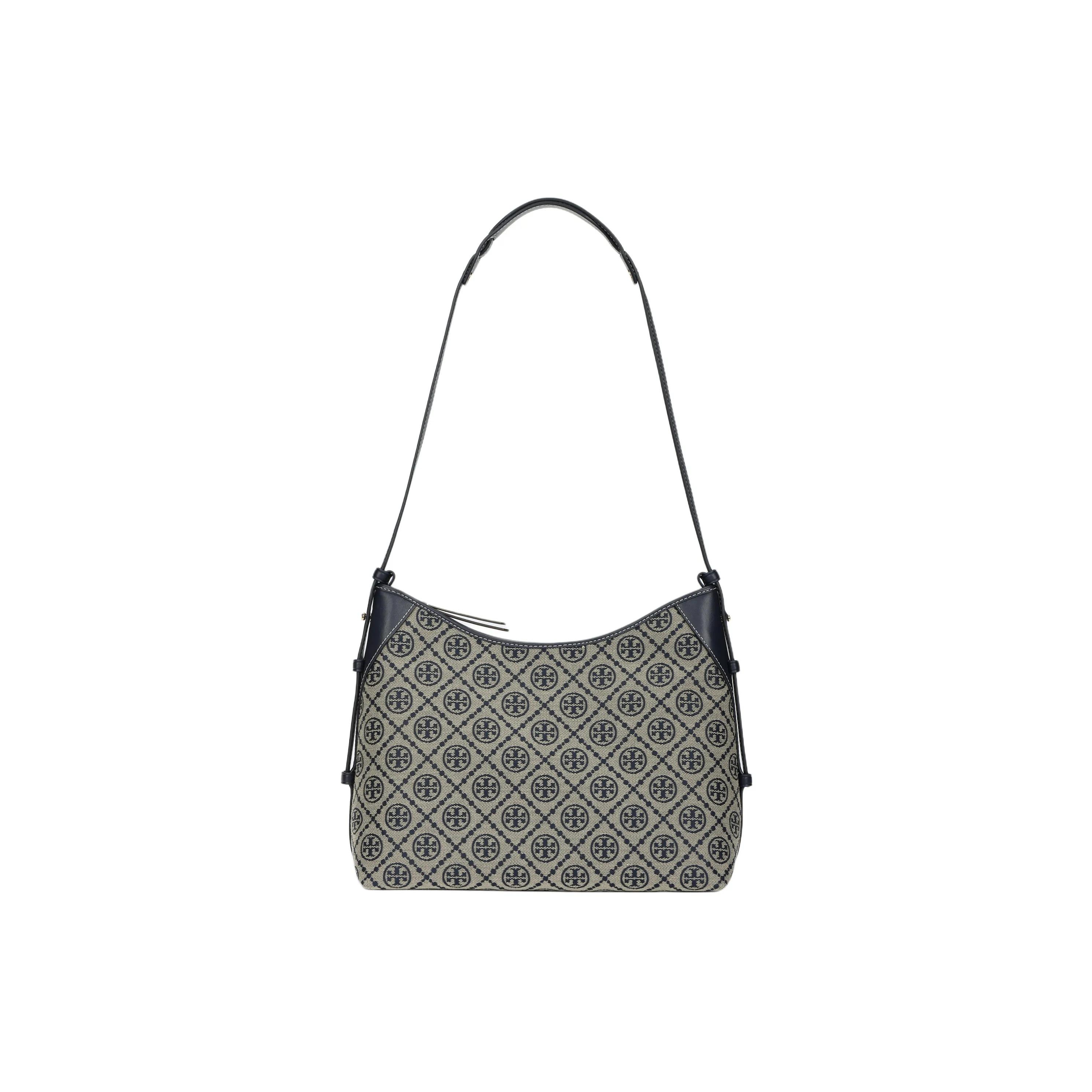 

TORY BURCH T Monogram Classic Jacquard Leather Trim Fabric Tote Shoulder Bag Women s Blue Basic Set (Bag+Dust Bag)