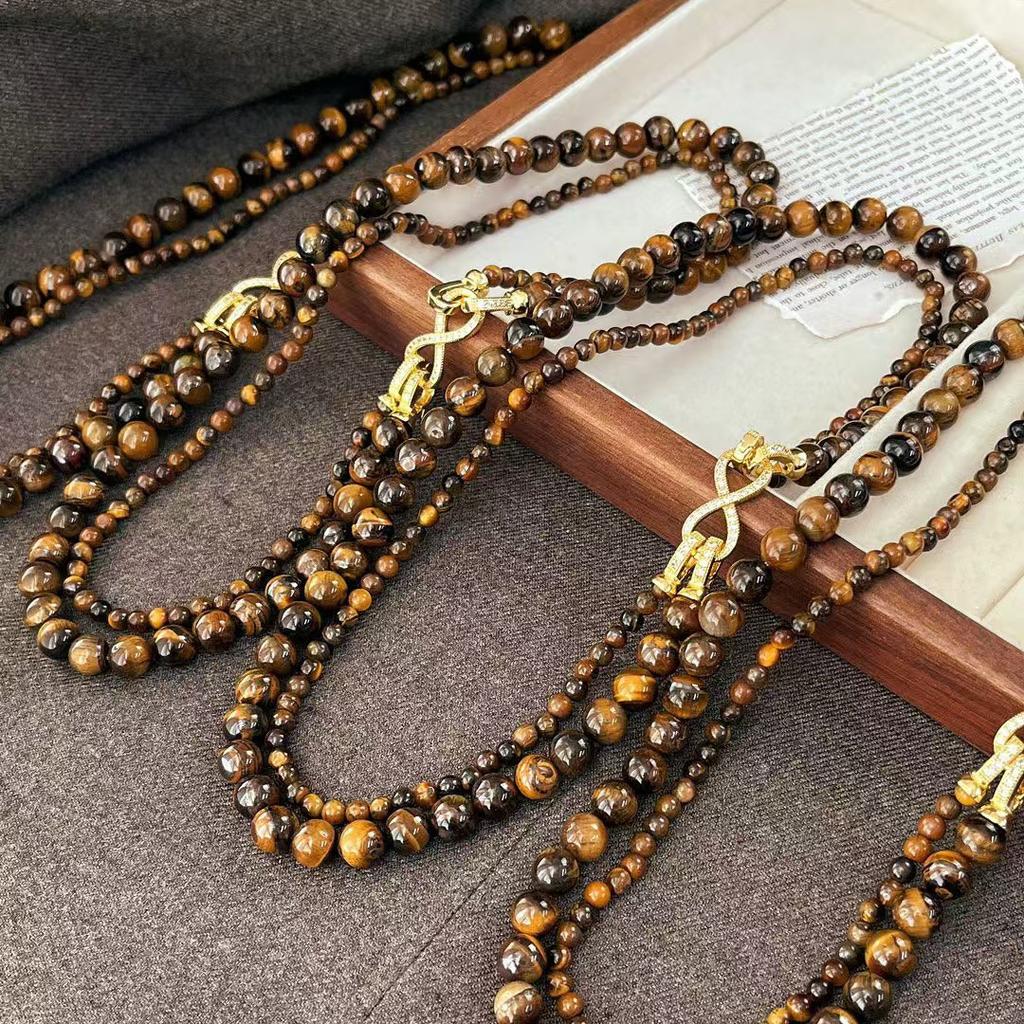 Boutique retro autumn and winter Maillard natural tiger's eye stone removable variety of wearing necklaces sweater chains