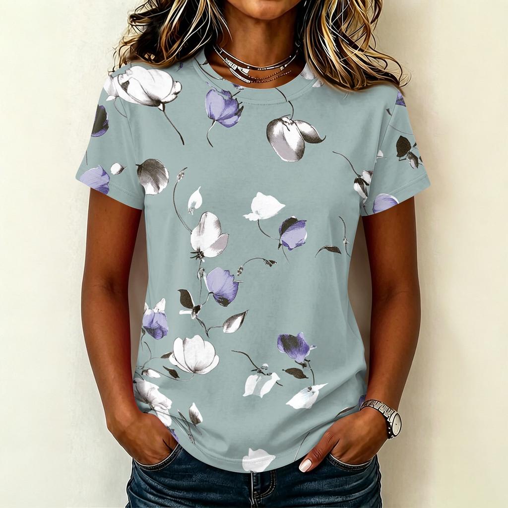 Women's Casual Pullover T Shirt Short Sleeve Round Neck Floral Print Top Lightweight Soft Fabric Relaxed Fit Tee for Everyday Wear