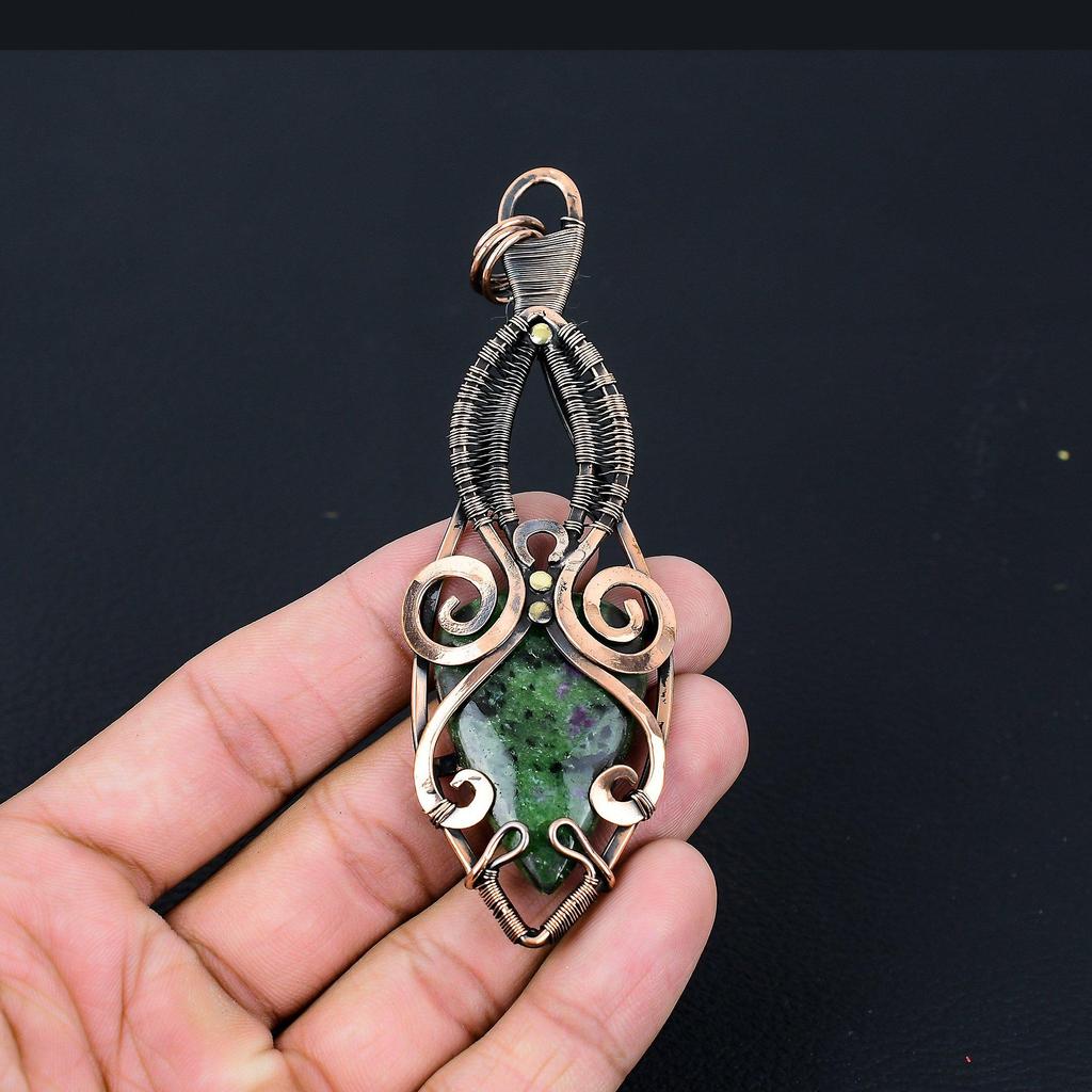 Ruby Zoisite Gemstone Pure Copper Wire Wrapped Handmade Pendant Jewelry Gift