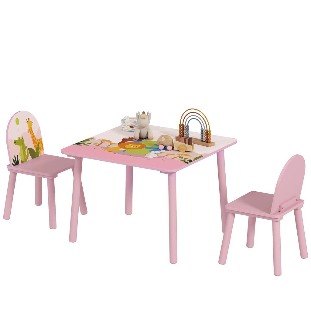 Children's Table with Chair, Wooden Table, 2 Chairs, Pink