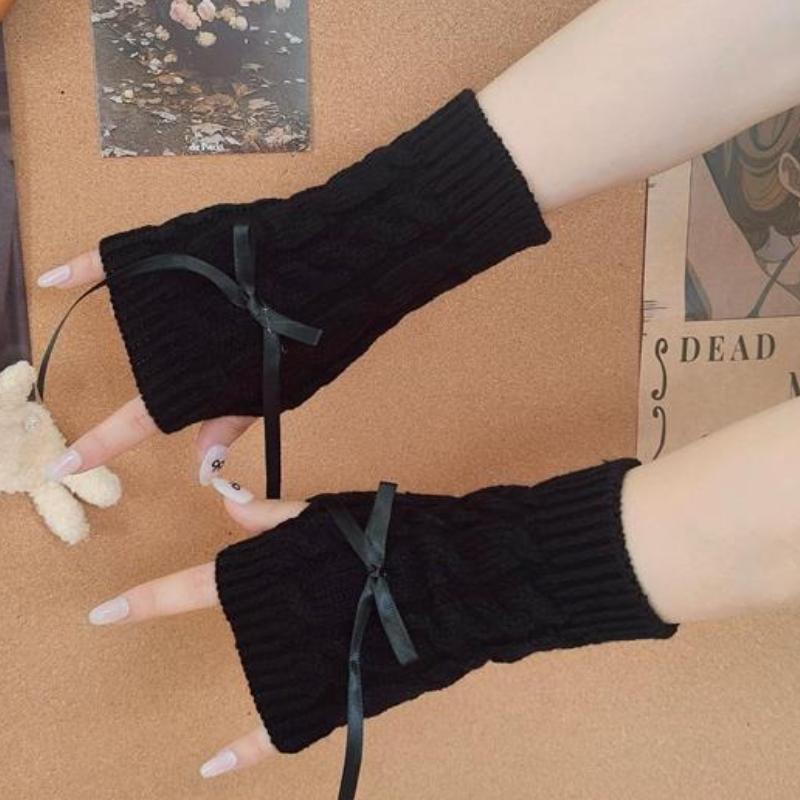 

2025 New Women Winter Warm Half Cut Gloves Sweet Bow Student Yarn Knitted Touch Screen Exposed Finger Sleeves чёрный