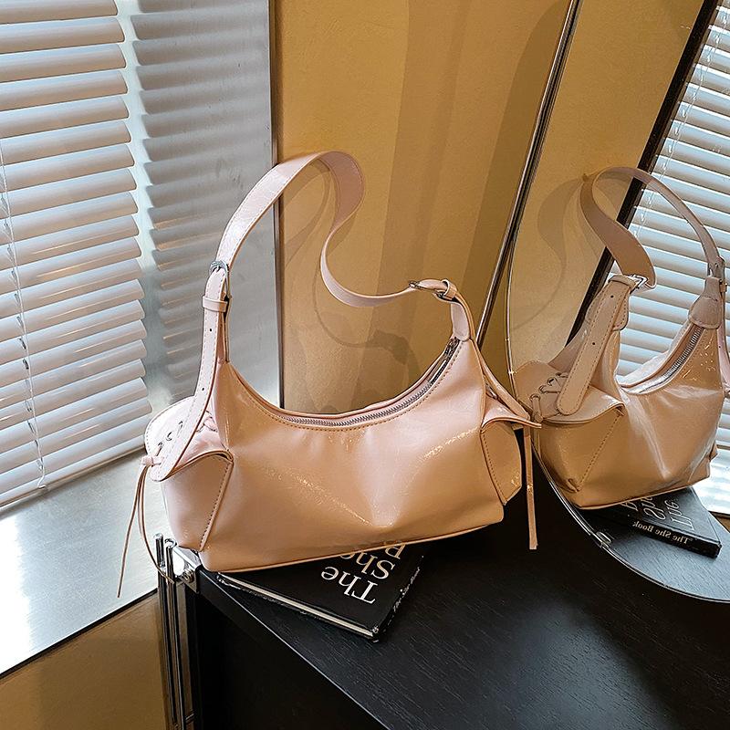 Spice Girl Bow Double Pocket Underarm Bag Glossy Oil Wax Leather Trend Locomotive Bag Shoulder Bag