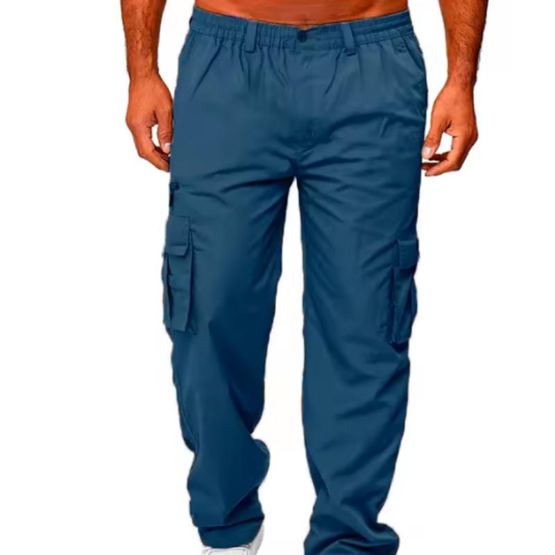 New casual workwear with multiple pockets, men's loose straight leg, solid color, multifunctional workwear pants, black jogging