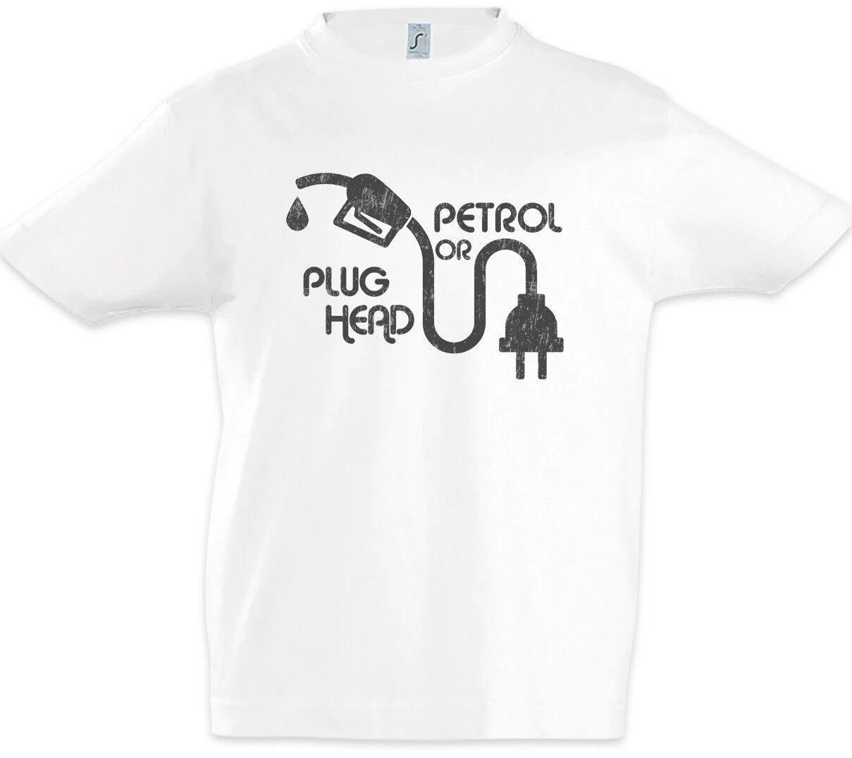 

Petrol Or Plug Head Kids Boys T-Shirt Racer Petrol Head Fun Car Love- 100