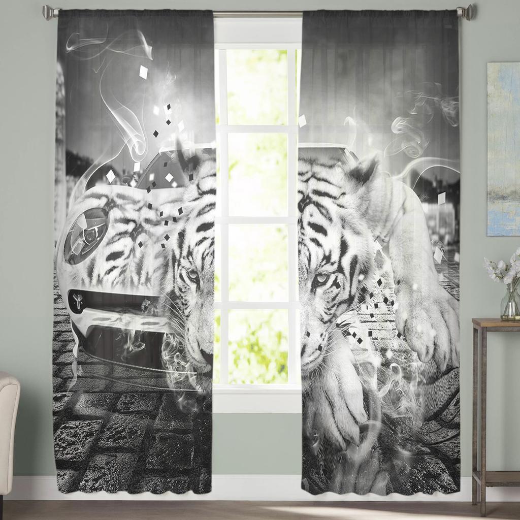 Tiger Car Street Black And White Tulle Window Curtains Living Room Organza Sheer Voile Curtain Bedroom Kitchen Home Decor Drape