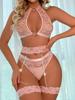 Naughty Sexy Lingerie Hot Mesh Embroidery Outfits Sexy Low Cut Bra with Thong Garters Belt Babydoll Sleepwear Ladies Exotic Sets