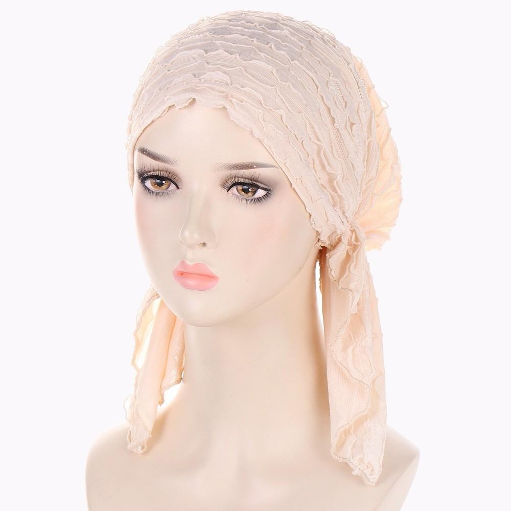Fashion Ruffle Trim Women's Hijab Breathable Pleated Scarf Cap Head Scarf