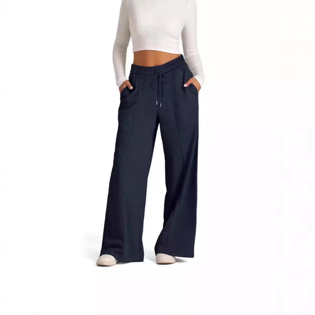 Pantaloni Casual Larghi da Donna Autunno/Inverno 2024 Europei e Americani, Monocolore, Vita con Coulisse