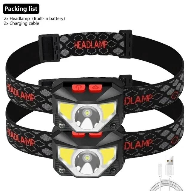 8 Modes Handfress Motion Sensor Powerful LED Headlight Headlamp Head Lamp COB Flashlight Torch Head Light For Camping, Fishing