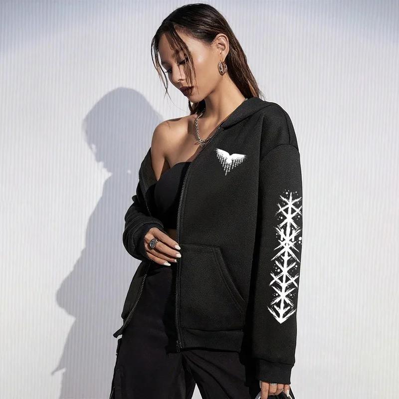 2026 Trendy Oversized Pullover Goth Y2k Winter Warm Women Hooded Sweatshirt Viking Raven Print Zipper Jacket Casual Streetwear