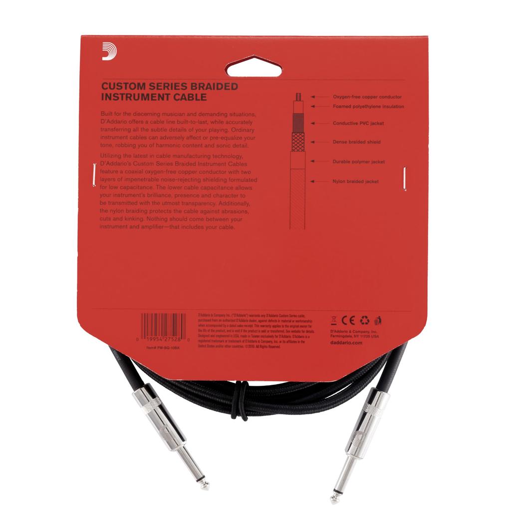 D Addario D'Addario PW-BG-10BK Custom Series Braided Instrument Guitar Cable 3.0m S-S Black Nickel Plug