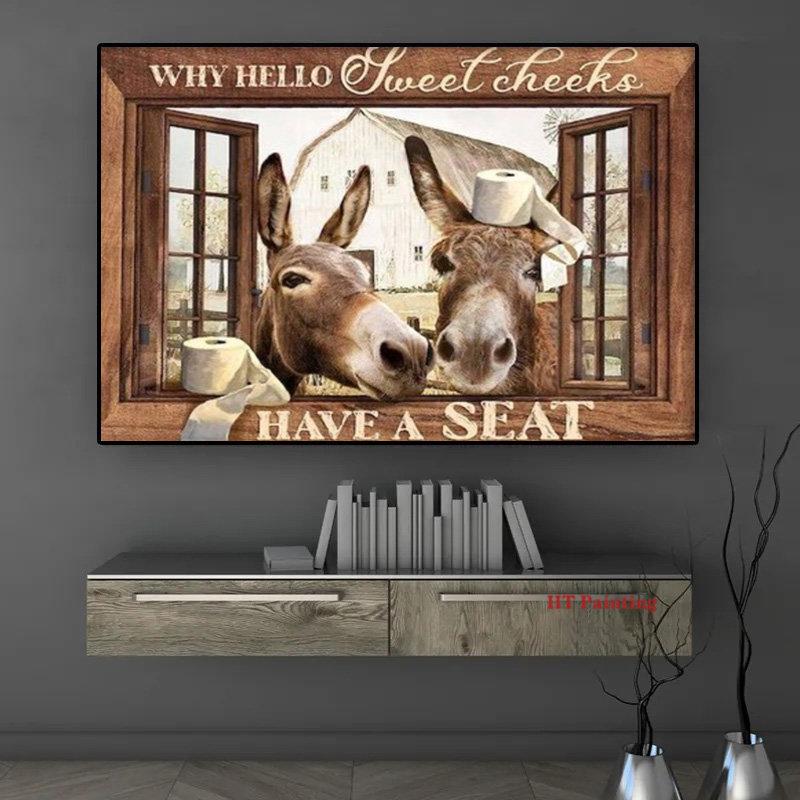 "Have a seat" Cows By The Window Poster Vintage Animals Cow Donkey Canvas Painting Farmhouse Wall Art Pictures Farm Home Decor