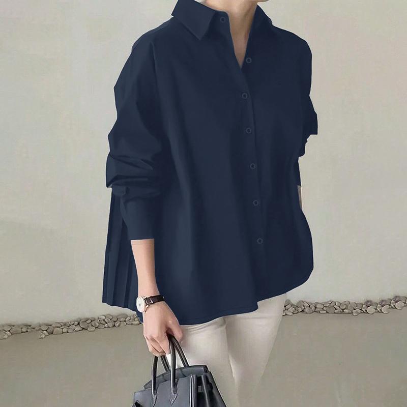 

ZANZEA Женская свободная повседневная блузка с отложным воротником и длинным рукавом тёмно-синий