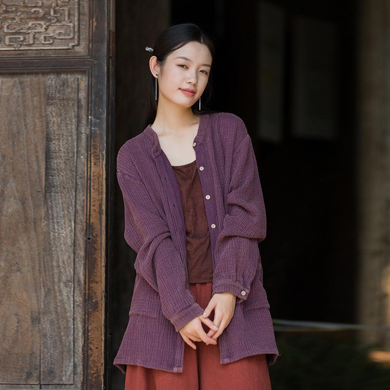 Johnature Women Vintage Shirts Solid Color Tops Autumn Button Long Sleeve O-Neck Pockets Women Shirts