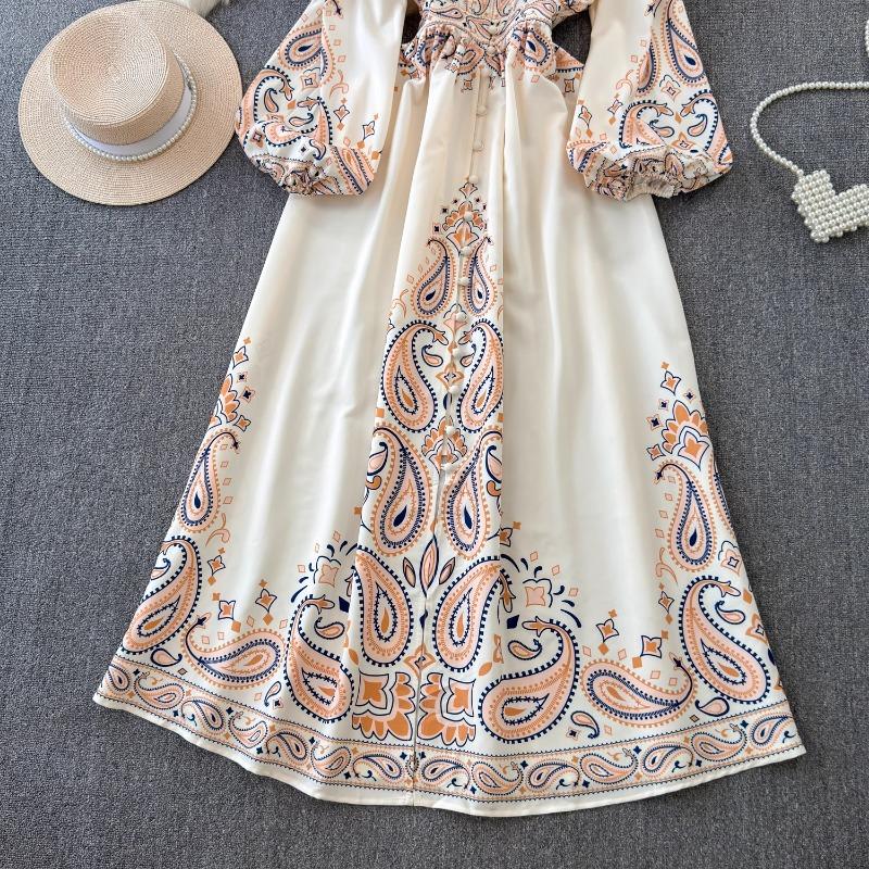 Vintage Evening Dress for Women Print Pleated Puff Sleeve Vestidos Button Designer Femme Robe Temperament Office Lady Ropa Mujer