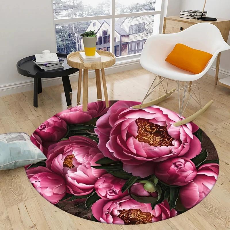 Peony Rose Flower Round Carpet Botanical Floral Area Rug Soft Non-slip Circle Floor Mat for Bedroom Living Room Chair Sofa Decor