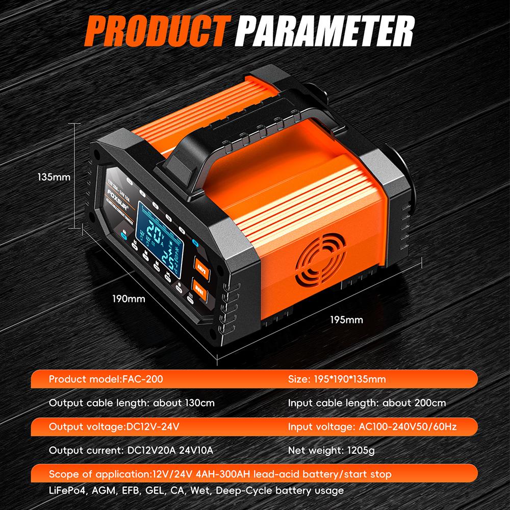For AGM GEL SLA Lead-Acid LiFePO4 7-stage Chargers Smart Battey Charger 12V 24V 20A 10A Large Screen Digital Display Car Motorcycle Battery Charger