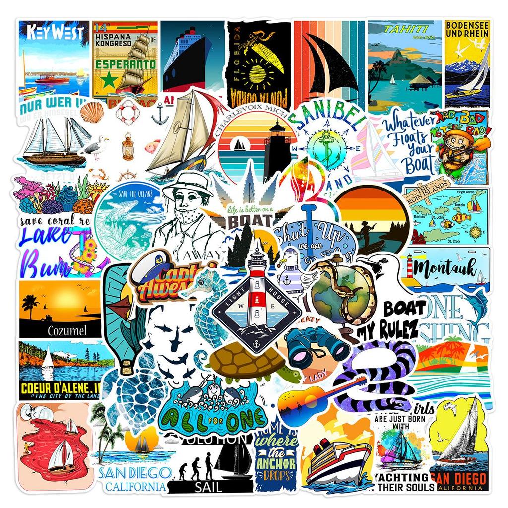 50pcs Fishing Stickers Saltwater Lure Sailing Boat Decals Waterproof Vinyl For Tackle Box Cooler Luggage Angler Gift