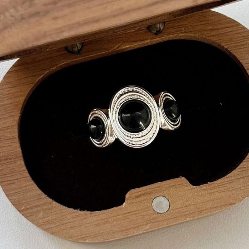 PANJBJ 925 Sterling Silver Black Agate Ring for Women Geometry Circle Irregular Design Open Jewelry Party Gift Dropshipping