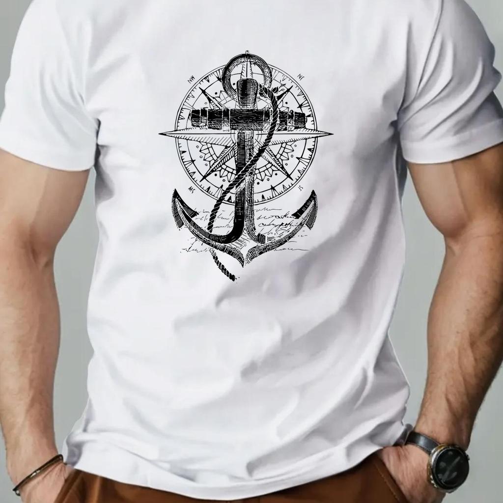 T-shirt Grafica da Uomo con Ancora Nautica Blu Reale T-shirt Marittima Camicia Estiva per Outfit da Spiaggia Abbigliamento Uomo