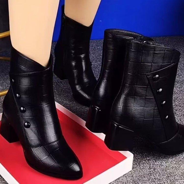 Weiches Leder Skinny Stiefel Kurze Stiefel Damen Herbst- und Wintermode Mittelhoher Absatz Mittelhoher Schaft Weiche Sohle Kurze Stiefel Martin Stiefel