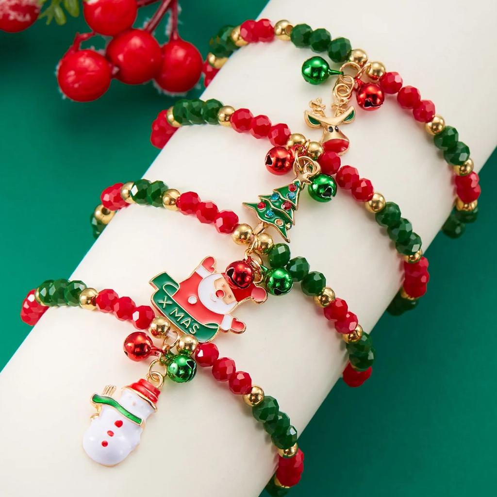 Trendy Small Crystal Bead Xmas Bracelet for Women Men Handmade Christmas Tree Snowman Elastic Bracelet Jewelry Gifts