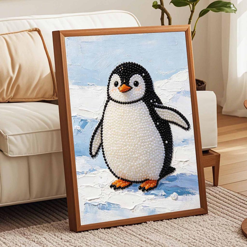 DIY Framed Pearl Painting Kit Penguin Pattern 3D Sparkling Bead Art Canvas Elegant Home Wall Decor Gift for Women and Craft Lovers