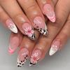 24 Stück Rosa Press-on-Nägel Kunst Leopardenmuster Französisch Lang Mandel Form Falsche Nagelspitzen Fertig Tragbar Schleife Kirsche Design Falschnagel Set
