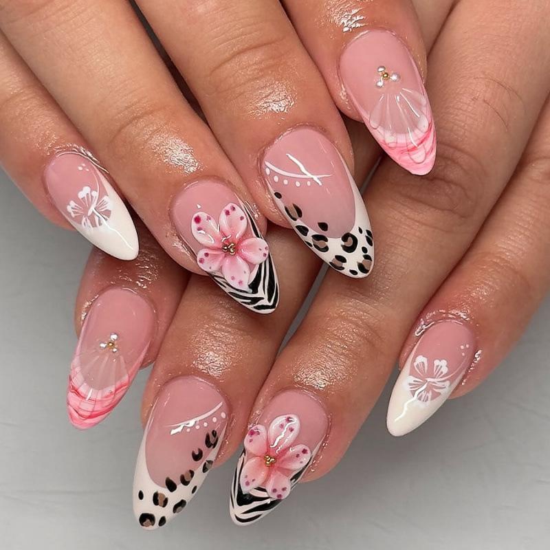 24 Stück Rosa Press-on-Nägel Kunst Leopardenmuster Französisch Lang Mandel Form Falsche Nagelspitzen Fertig Tragbar Schleife Kirsche Design Falschnagel Set