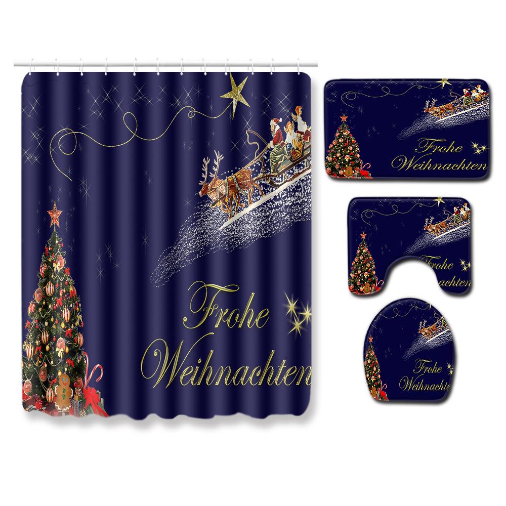 Christmas Shower Curtain Floor Mat Combination Four-Piece Set Bathroom Toilet Carpet Shower Room Mat Foot Mat