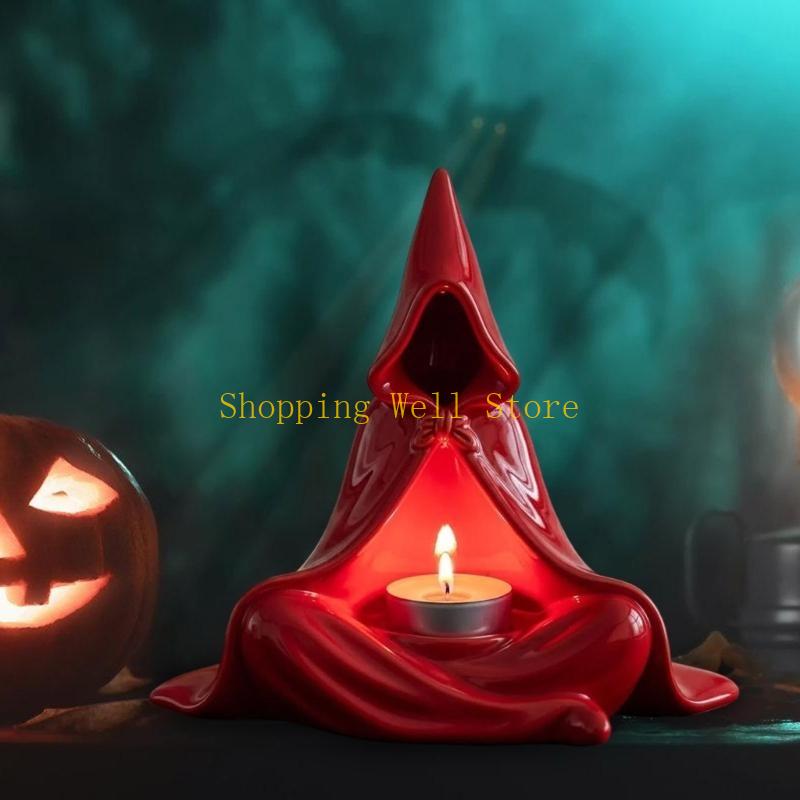 KX4B Halloween Resins Mysterious Wizard Sculpture Tealight Stand For Meditations Relaxation Ambiances and Party