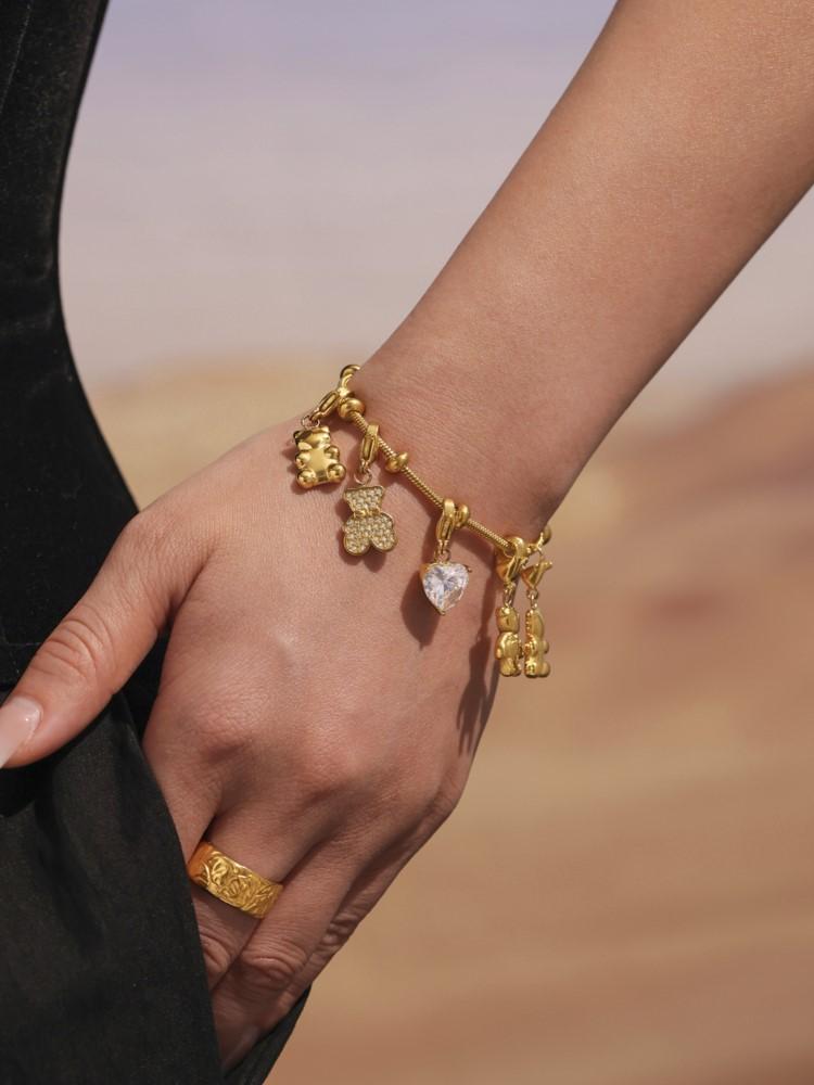 Stainless Steel Multi Bear Charms Bracelets For Women 18k Gold Plated Waterproof Non Tarnish Women's Removable Charm Bracelet