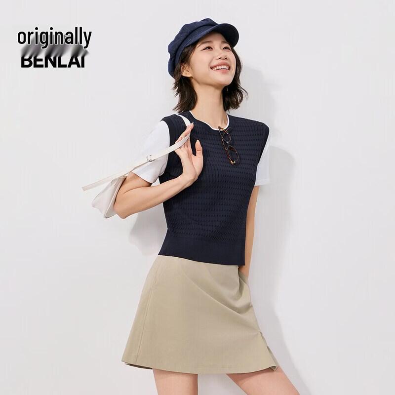 BENLAI Women s Color-Block Faux Two-Piece Knit Slim-Fit T-Shirt L