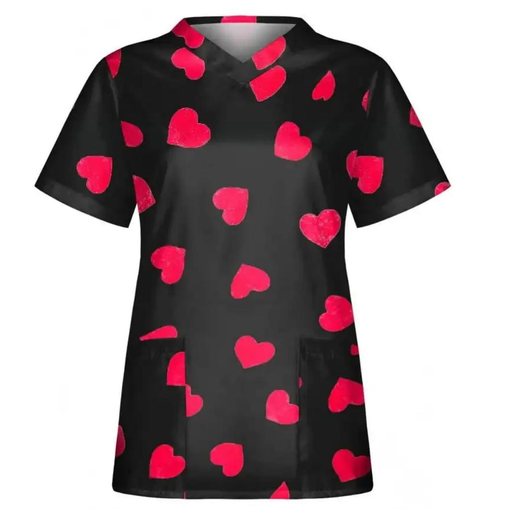 Women's Nursing Uniform with Romantic Heart Pattern Print Women's Short Sleeved Uniform Fashionable Casual and Comfortable