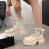 Fashion Comemore New Fashion Ankle Boots Female Belt Buckle Solid Color Autumn Thick Bottom Women Shoe Lace-up Middle Heel Botines Mijer