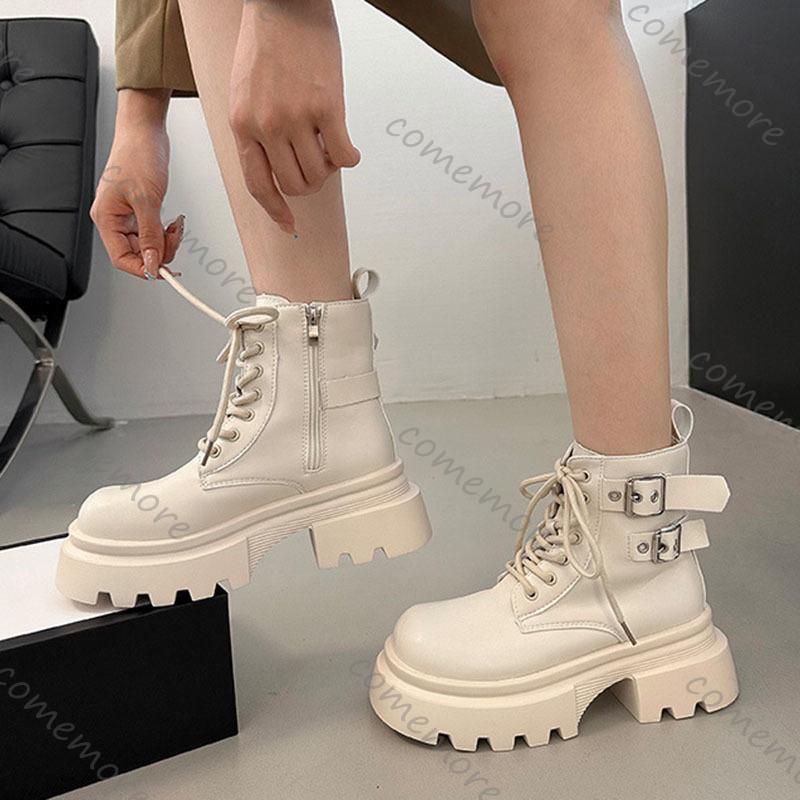 Fashion Comemore New Fashion Ankle Boots Female Belt Buckle Solid Color Autumn Thick Bottom Women Shoe Lace-up Middle Heel Botines Mijer