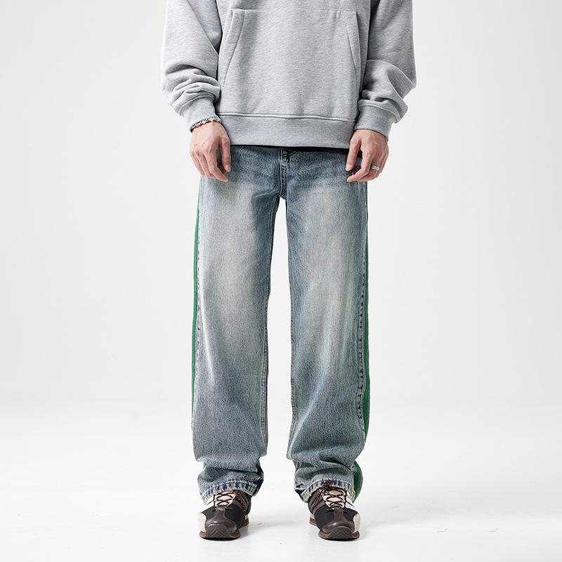 Nostalgic washed webbing striped loose wide-leg jeans men's and women's personality trendy brand American high street straight-leg pants