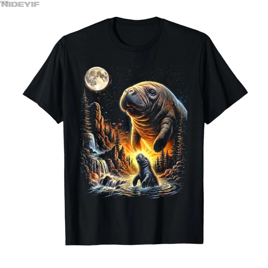 Cute Manatee Howling to The Moon 90s Retro Ocean Animal Meme Tshirt For Men Women 100 Cotton T Shirts Short Sleeve Tops 04102