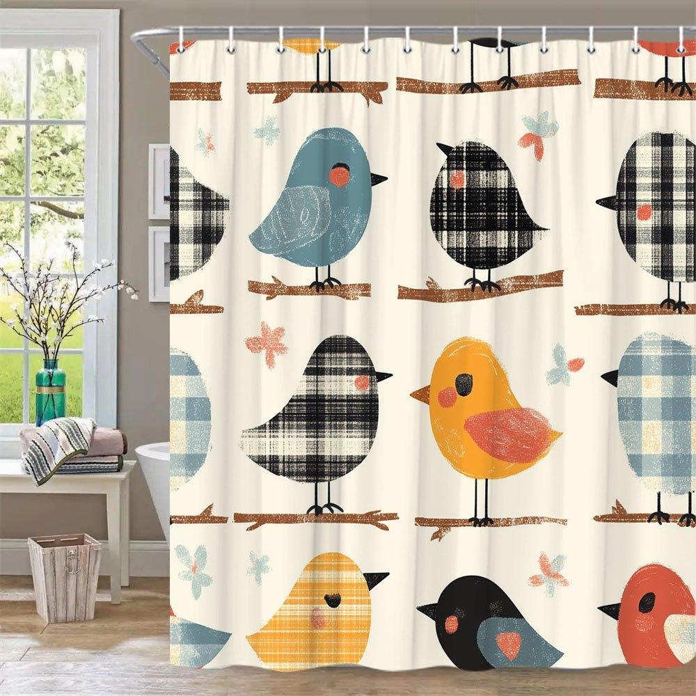 Colorful Birds on Branches Waterproof Mildew-Resistant Shower Curtain - Whimsical Design for a Fun Bathroom Décor Experience