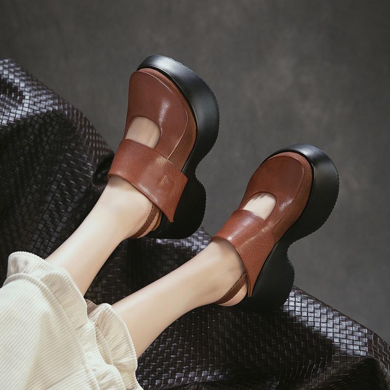 Johnature Sandale Retro cu Vârf Rotund și Talpă Groasă Versatile din Piele Naturală cu Toc Gros Pantofi cu Platformă pentru Femei