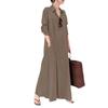 European & American Women's Casual Loose Solid Long Dress with Turn-Down Collar & Pockets