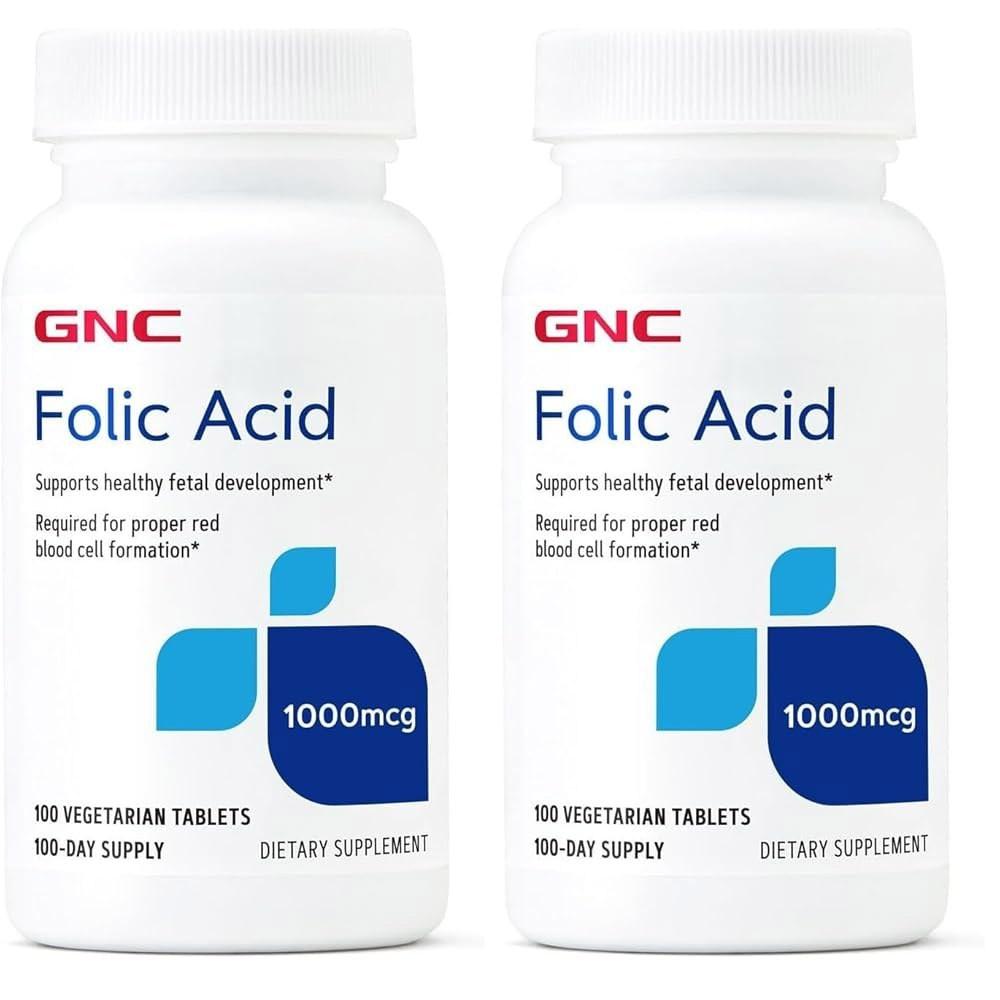 GNC Folic Acid 1000mcg Red Blood Cells 100 Count, Proper Development, Vegetarian, Support for Formation, Fetus, 2 Packs, Essential Infant Formula